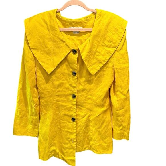 Vintage Bright Yellow 100% Linen Asymmetrical Button Blazer Peter Pan Collar - Picture 8 of 9